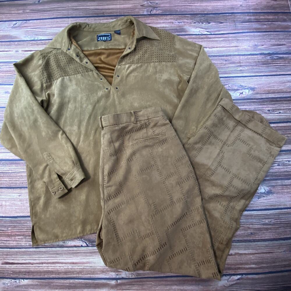 Vtg Micro Suede Pronti Suit Men's Brown Jacket XXL Pants XL/ 38 Western Boho